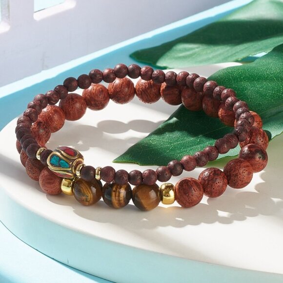 NWOT Tiger eye & Mixed gemstone Stretch Bracelet Stack Set - Handmade Focal Bead - Picture 1 of 7